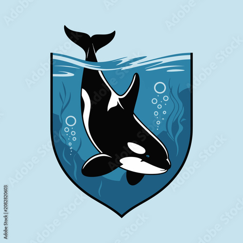 Orca whale in water shield logo.