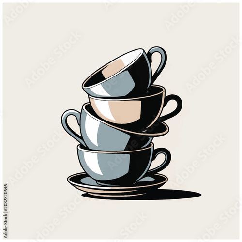 Stack of four ceramic coffee cups and saucers minimalist vector illustration.