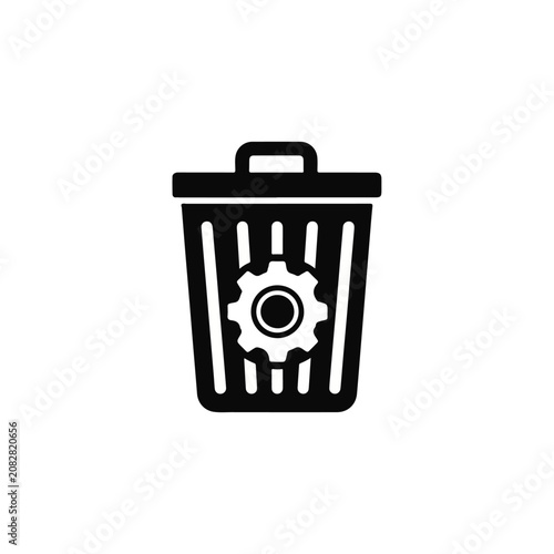 Trash Can with Gear Icon Symbolizing Waste Management Technology.