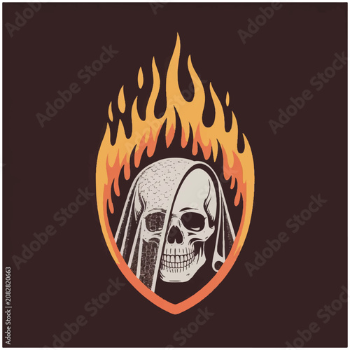 Skull with flames around head.