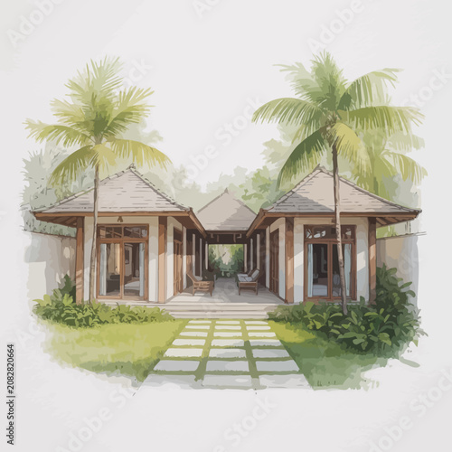 Tropical house with palm trees outside.