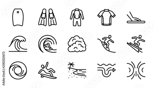 Konstfotografi Surfboard, Fins, Wetsuit, Rash Guard, Beach Icons: Water Sports Vector Set