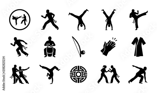 Bild auf Leinwand Capoeira Icons Set, Martial Arts Silhouette Collection, Acrobatics Fight Moves,