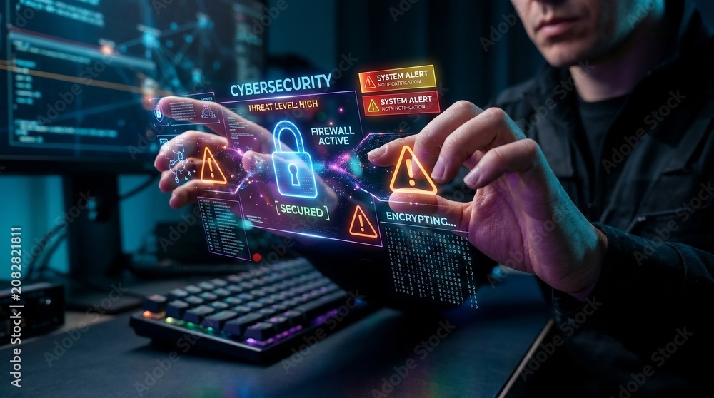 Fototapeta premium Cybersecurity expert interacting with futuristic digital interface, hacker using holographic data screen for network protection, high-tech security concept