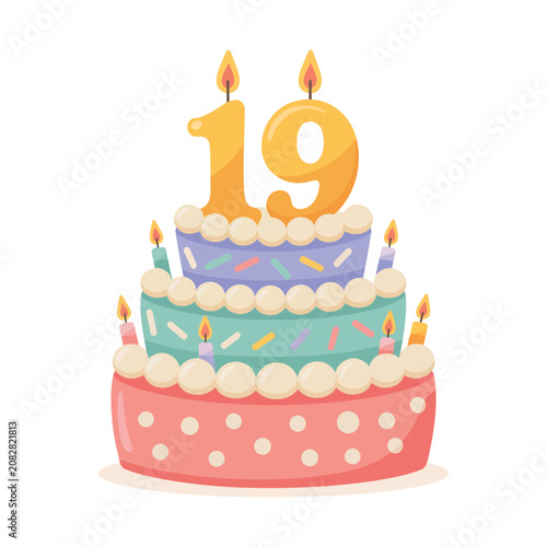 Foto Three tiered birthday cake with number nineteen candle topper and colorful sprin