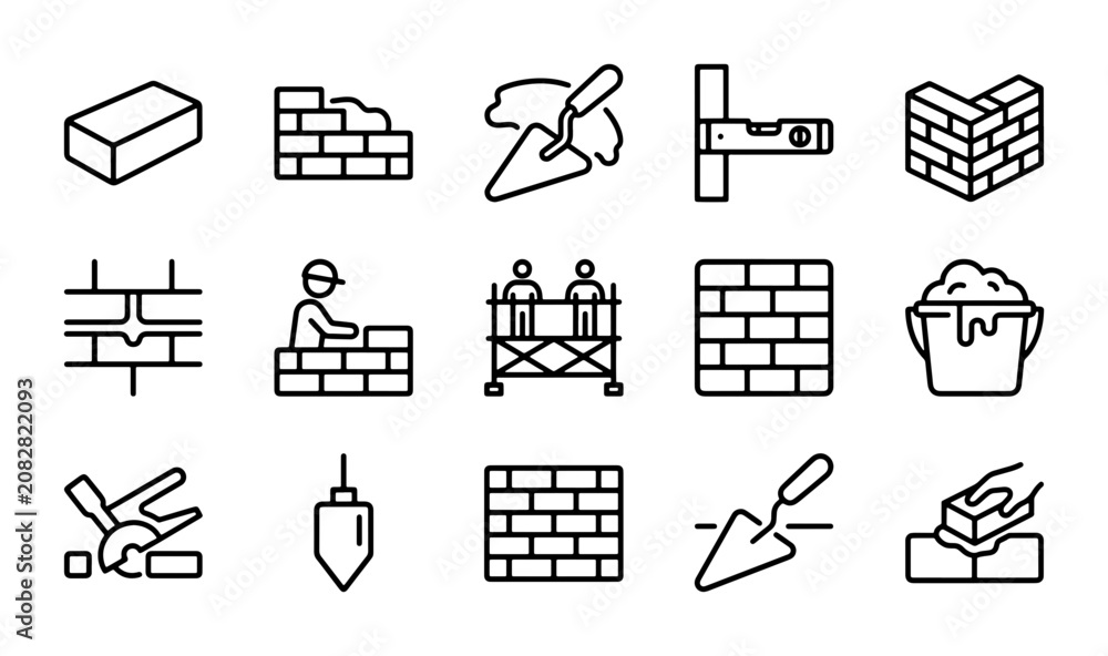 Foto Masonry Construction Icons Set, Bricklaying Tools & Building Elements Vector Gra