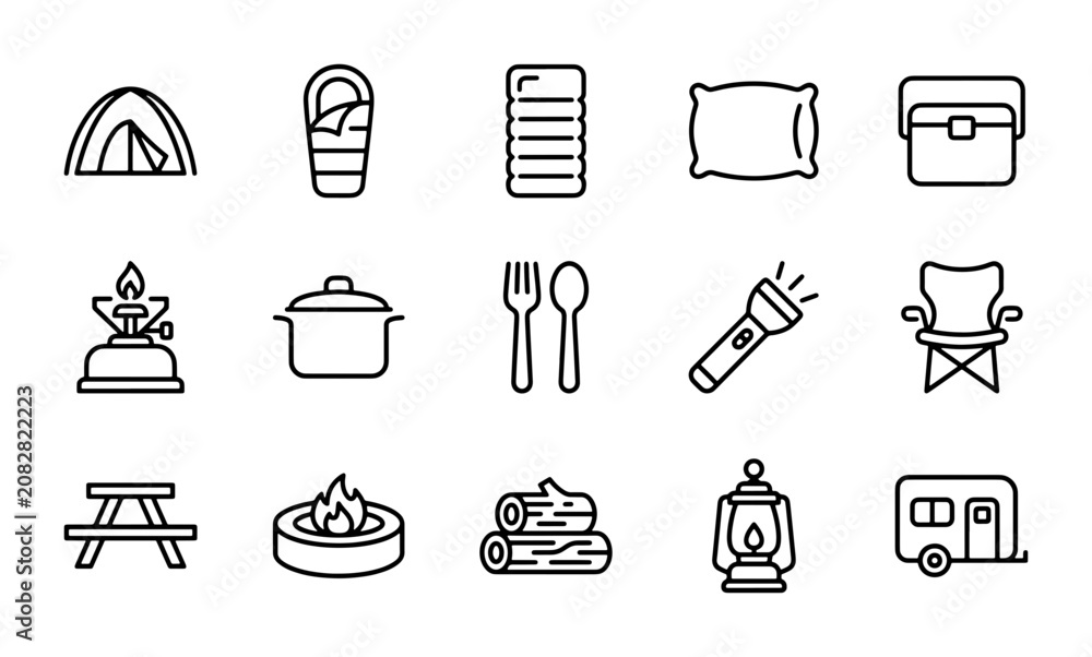 Fototapeta premium Camping Icons Set: Tent, Sleeping Bag, Lantern, Picnic Table, Campfire, Trailer, 15 Elements