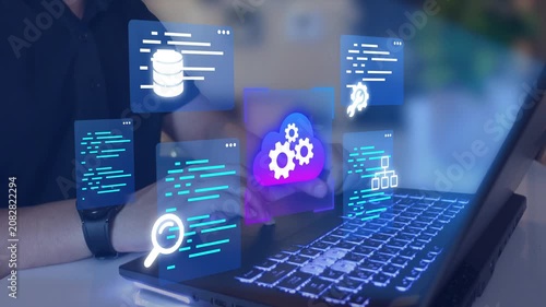 Cloud native development. Programmer developing applications for cloud computing. 