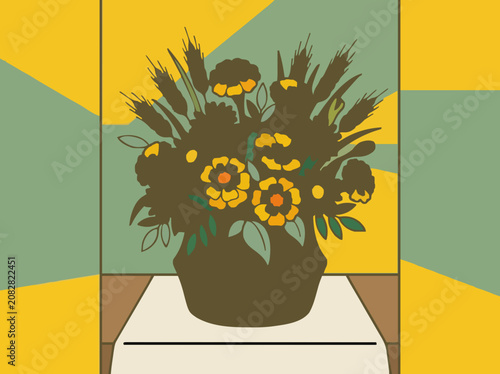 Vibrant bouquet of marigolds daisies and wheat in a basket on a table