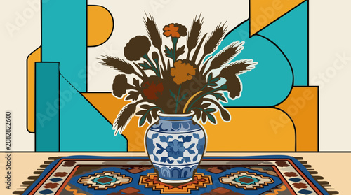 Vibrant still life with marigolds and wheat in a vase on a patterned rug