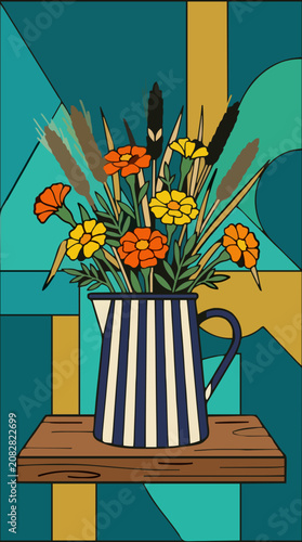 Vibrant marigolds and wheat stalks in a striped pitcher on a wooden shelf against a colorful background