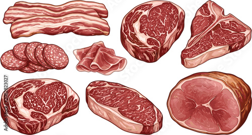 Schilderij op canvas Raw meat cuts vector illustration set featuring beef steaks ribeye t bone bacon salami ham and prosciutto slices for butchery menu layouts