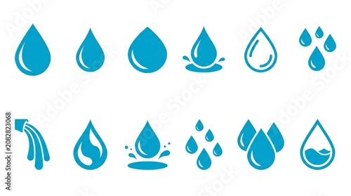 Collection of blue water droplet icons and splash symbols for design use.