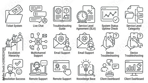 Collection of flat design icons representing various office and data management concepts.