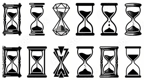 Collection of hourglass and time measurement icons in black and white design.