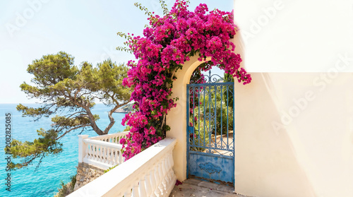 Mediterranean coastal doorway framed with vibrant bougainvillea flowers, overlooking the sea, capturing summer travel, romantic architecture, and serene vacation vibes.