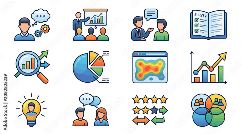 Fototapeta premium Sleek Colorful Illustrations of Market Research Data Analysis and Customer Feedback Concepts with Icons