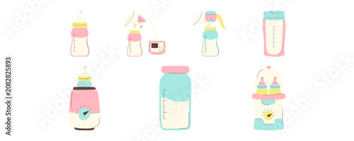 Breastfeeding Essentials Collection with Baby Bottle, Breast Pump, Sterilizer, and Milk Storage Accessories for Maternal and Infant Care Illustration Set