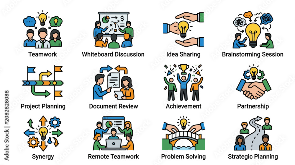 Fototapeta premium Clean Colorful Illustrations of Team Collaboration Concepts with Icons Lightbulbs and Handshakes for Business Workflow
