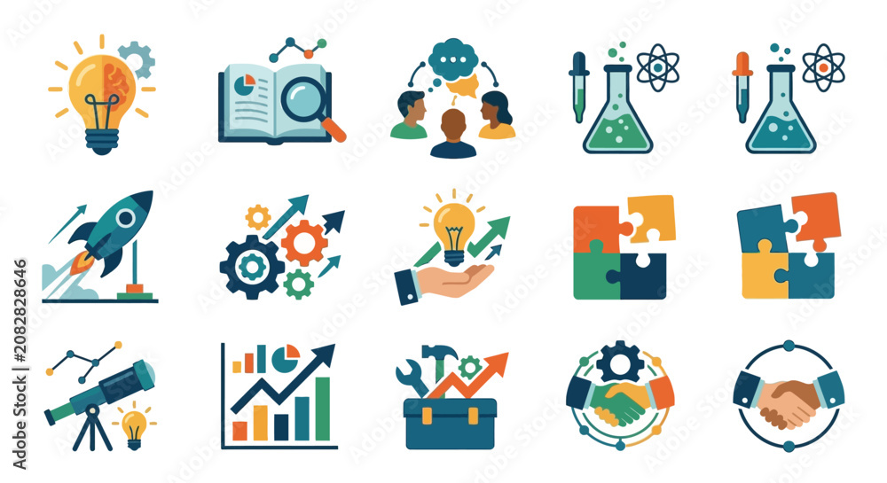 Fototapeta premium Industrial Icons Set Showcasing Innovation Science Collaboration and Growth with Bright Colors and Modern Design