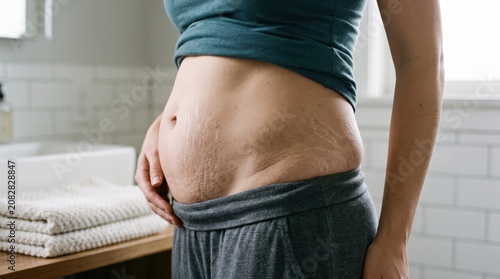 Woman showing stretch marks on belly after pregnancy. Body positive concept regarding postpartum skin changes and motherhood transformation. Female health care and authentic body image.