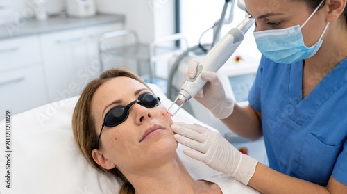 Woman cosmetologist using laser device on face of female patient. Professional skin care treatment in medical clinic. Rejuvenation procedure for glowing skin and beauty maintenance.