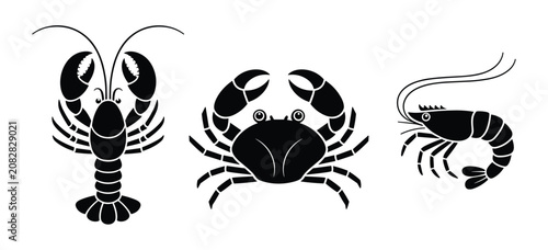 Vászonkép Three silhouetted seafood icons: a lobster, a crab, and a shrimp, presented clea