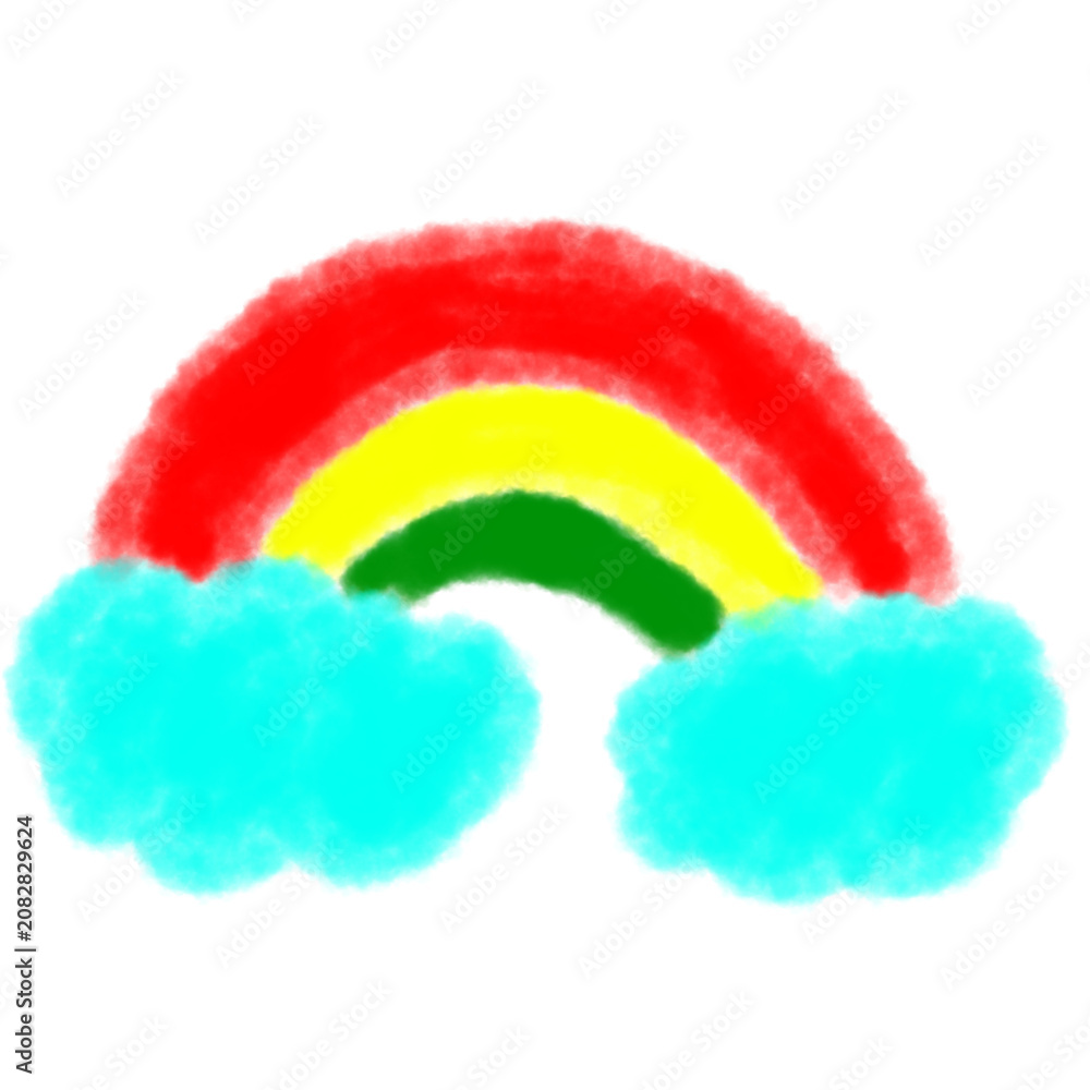 Naklejka premium A glowing rainbow in red, yellow, and green arches between two fluffy cyan clouds
