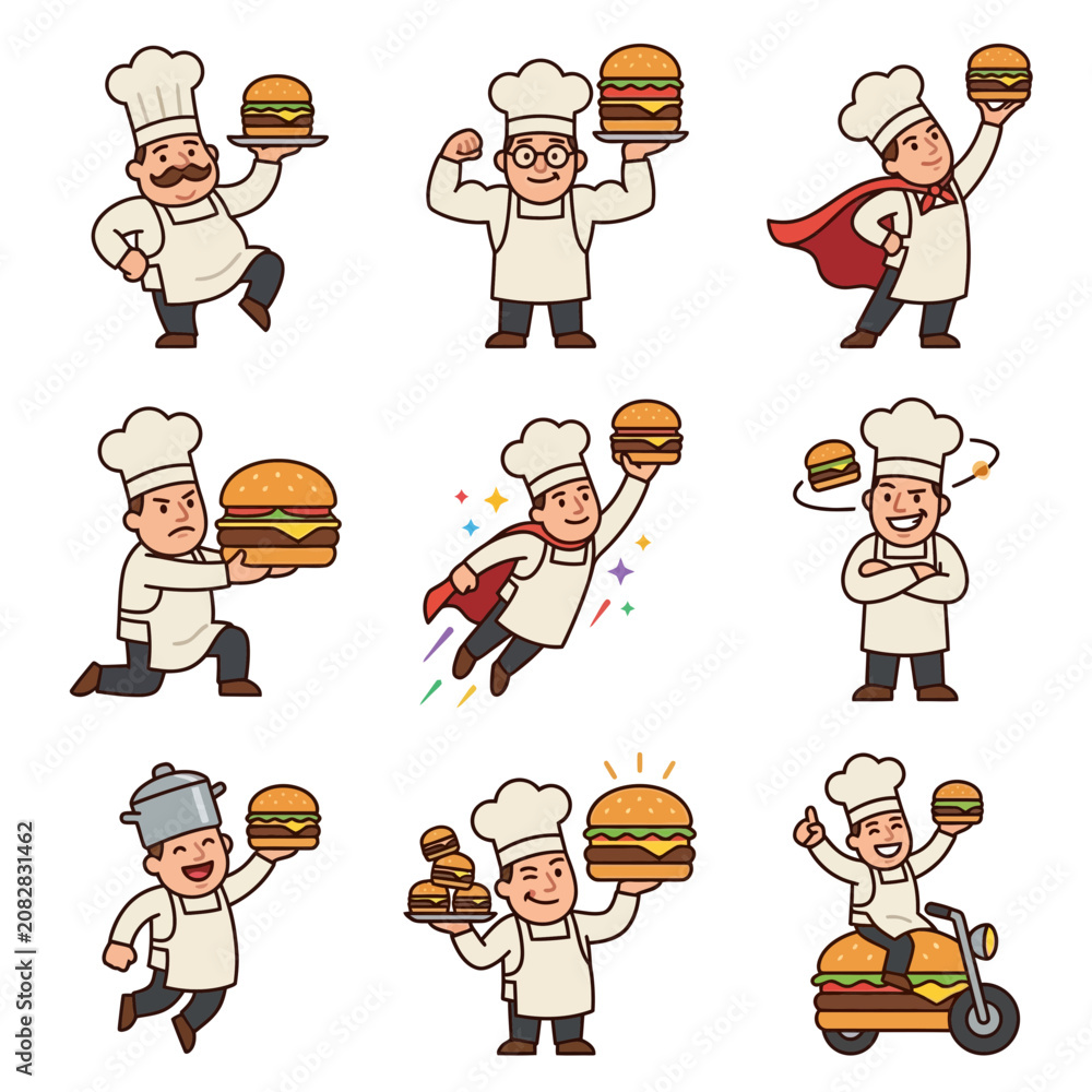 Fototapeta premium Funny Chef Mascot Character Set with Burgers in Various Poses for Fast Food Branding