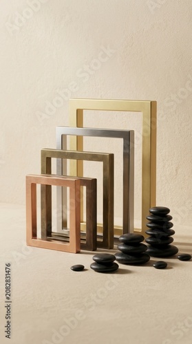 Geometric metal frames and stacked zen stones on neutral background
