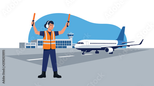 Bild auf Leinwand Ground crew directs airplane on airport apron with orange safety vest and signaling