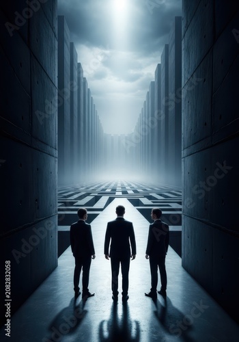 Three Businessmen Facing a Complex Labyrinth Maze with Bright Light at the End Representing Corporate Strategy and Success
