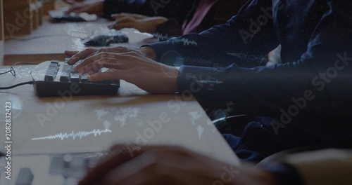 Central typist hands starting typing, code wave overlays tracking keys and showing live tech data