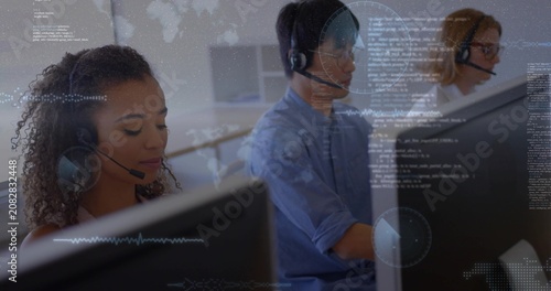 Three call-center agents handling support calls, incoming data spawning HUD waveforms over monitors