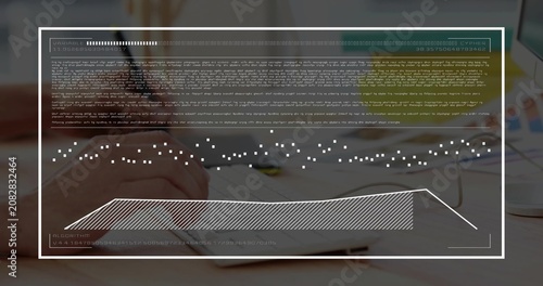 Hands alternating typing and writing on desk, pen initiating animated finance graphs for reporting