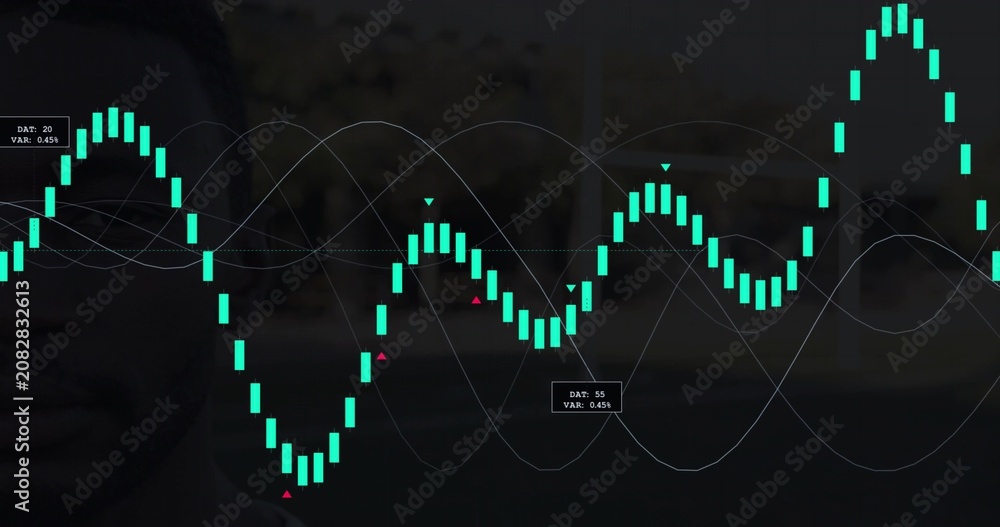 Fototapeta premium Data panel animating from marker, showing teal bars moving, revealing left face, showing metrics