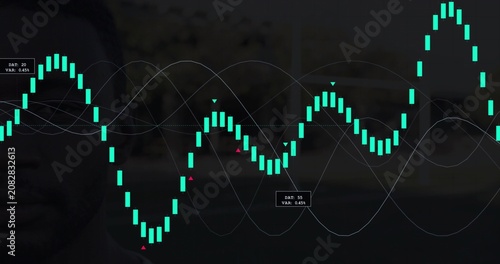 Data panel animating from marker, showing teal bars moving, revealing left face, showing metrics