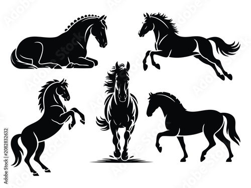 Cuadro en lienzo Andalusian horse silhouettes set, elegant Spanish horses vector graphics isolate