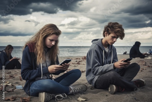Teenagers ignoring each other on a stormy beach, absorbed in their digital devices