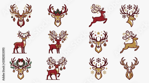 Dynamic Holiday Deer and Reindeer Illustrations with Festive Ornament Accents in Gold Maroon and Brown