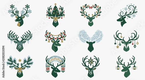 Dynamic Holiday Deer Heads with Festive Antler Decorations Colorful Christmas and Winter Themed Art Designs