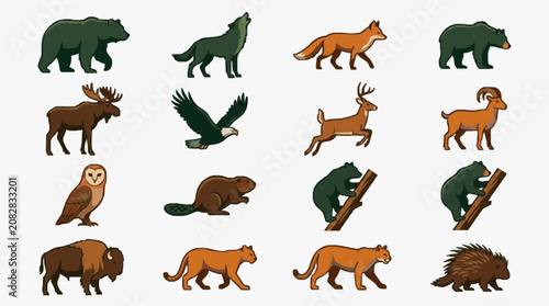 Dynamic Illustrated Collection of 16 Diverse Forest Animals in Earthy Tones and Natural Poses with high quality professional line art symbols for modern creative design and digital branding projects