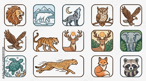Dynamic Illustrated Animal Icons Set Featuring Vibrant Wildlife Lions Eagles Wolves Owls Tigers Deer Elephants Cheetahs Foxes Raccoons and Turtles