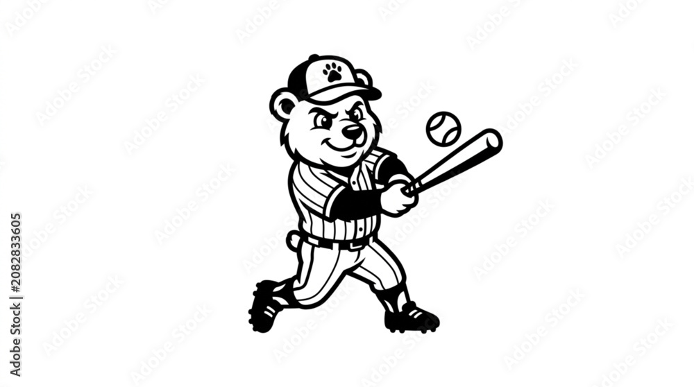 Obraz premium Cartoon Bear Character Playing Baseball Swinging Bat at Ball.