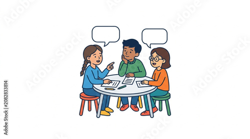 Children discussing ideas around a table with speech bubbles.