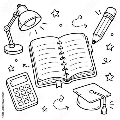 Hand drawn doodle set featuring a desk lamp, an open notebook, a calculator, and a graduation cap on a white background