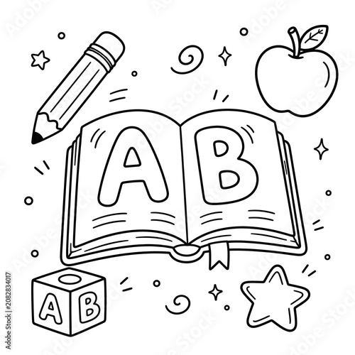 Hand drawn doodle set featuring an open book with letters ab, a pencil, an apple, and an alphabet block on a white background