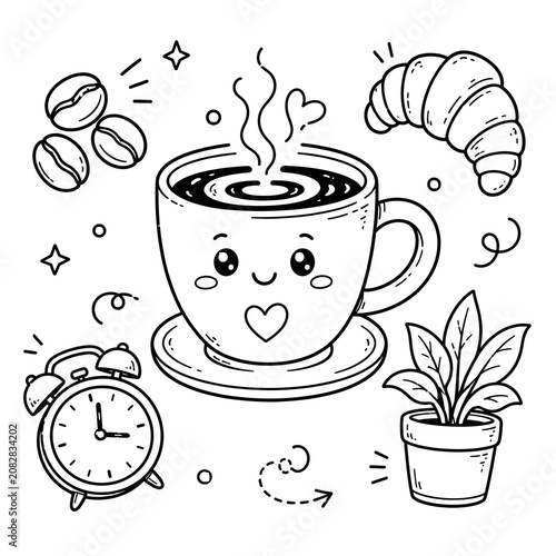 Hand drawn doodle set featuring a cute smiling coffee cup, croissant, alarm clock, and a small potted plant on white background