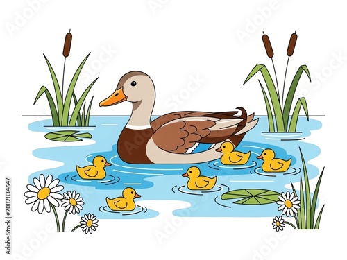 Mother duck swimming with ducklings in pond surrounded by reeds and daisies, natural springtime scene with birds
