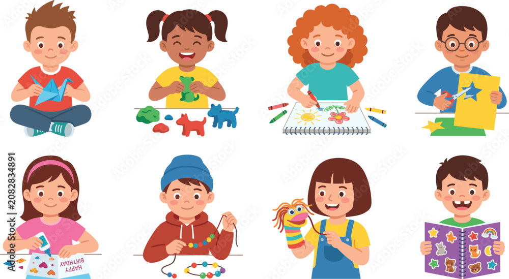 Fototapeta premium Children Enjoying Creative Arts and Crafts Activities Including Drawing Origami Clay Modeling and DIY Projects Collection